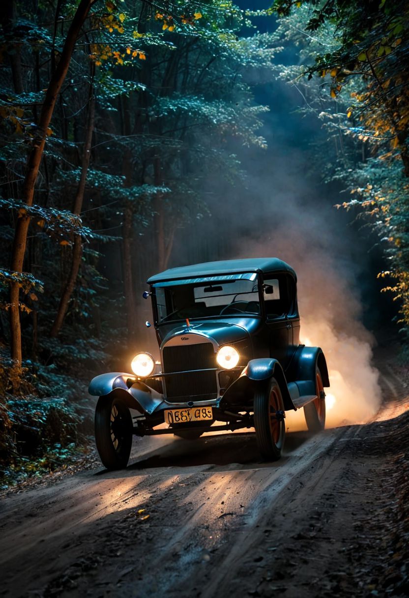 一辆美丽的旧车在（夜间）在森林里转弯的土路上行驶的宏观照片插图
