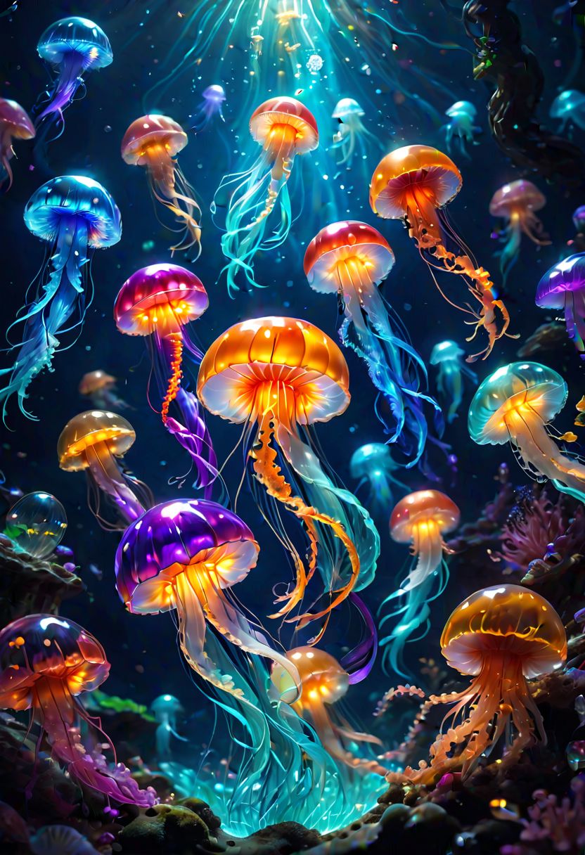 一群迷失在未知生态系统中的水母，颜色各异，发光、闪烁、闪闪发光插图