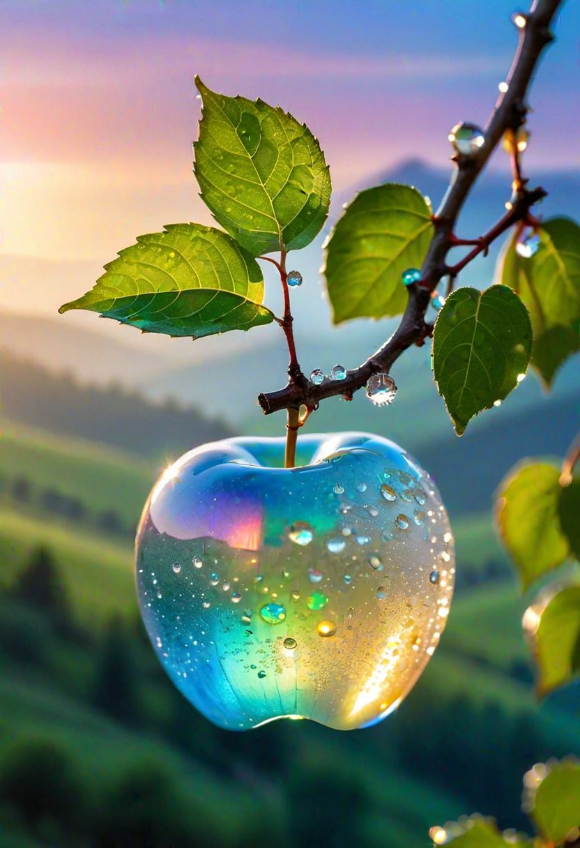 清晨的阳光下，一个精致的蛋白石苹果挂在树枝上，上面挂着闪闪发光的露珠插图