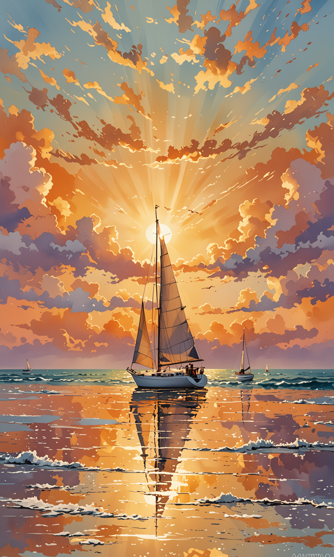 水彩画夕阳，涨潮，金色的沙滩，平静的海面，彩色的云彩，光线冲破云层插图