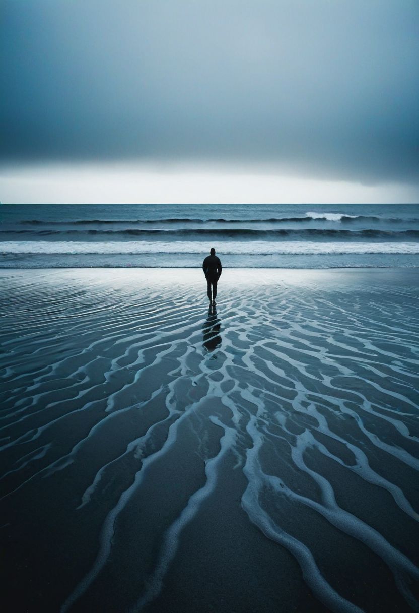 一个孤独的身影站在远处的黑色海滩上插图
