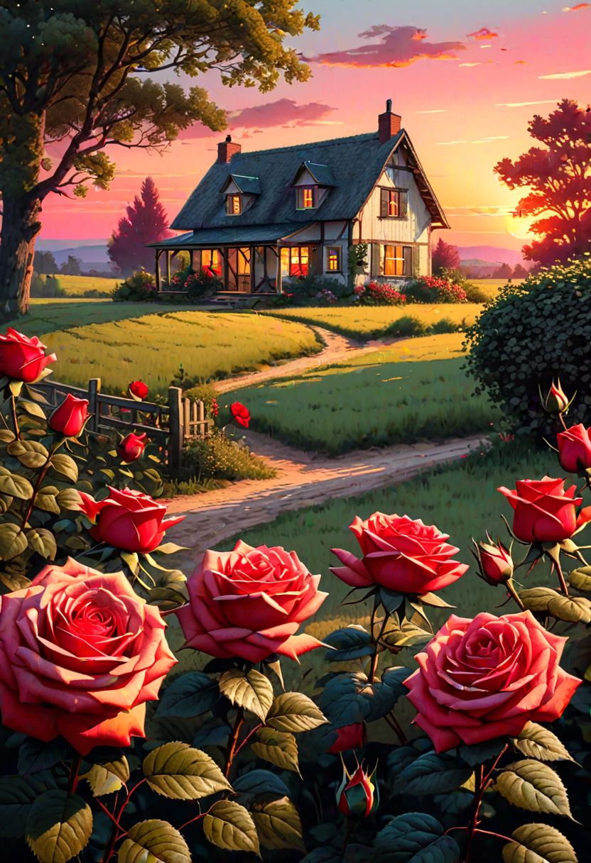 景观, 太阳下山, 红色的天空, 饱和的颜色, 玫瑰田, 背景中的小屋水彩插图