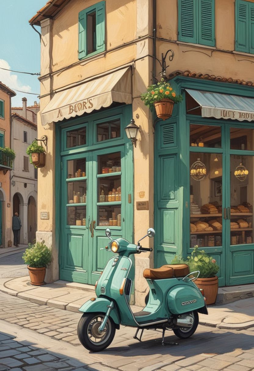 一座古老的面包店建筑，前面有一辆摩托车插图