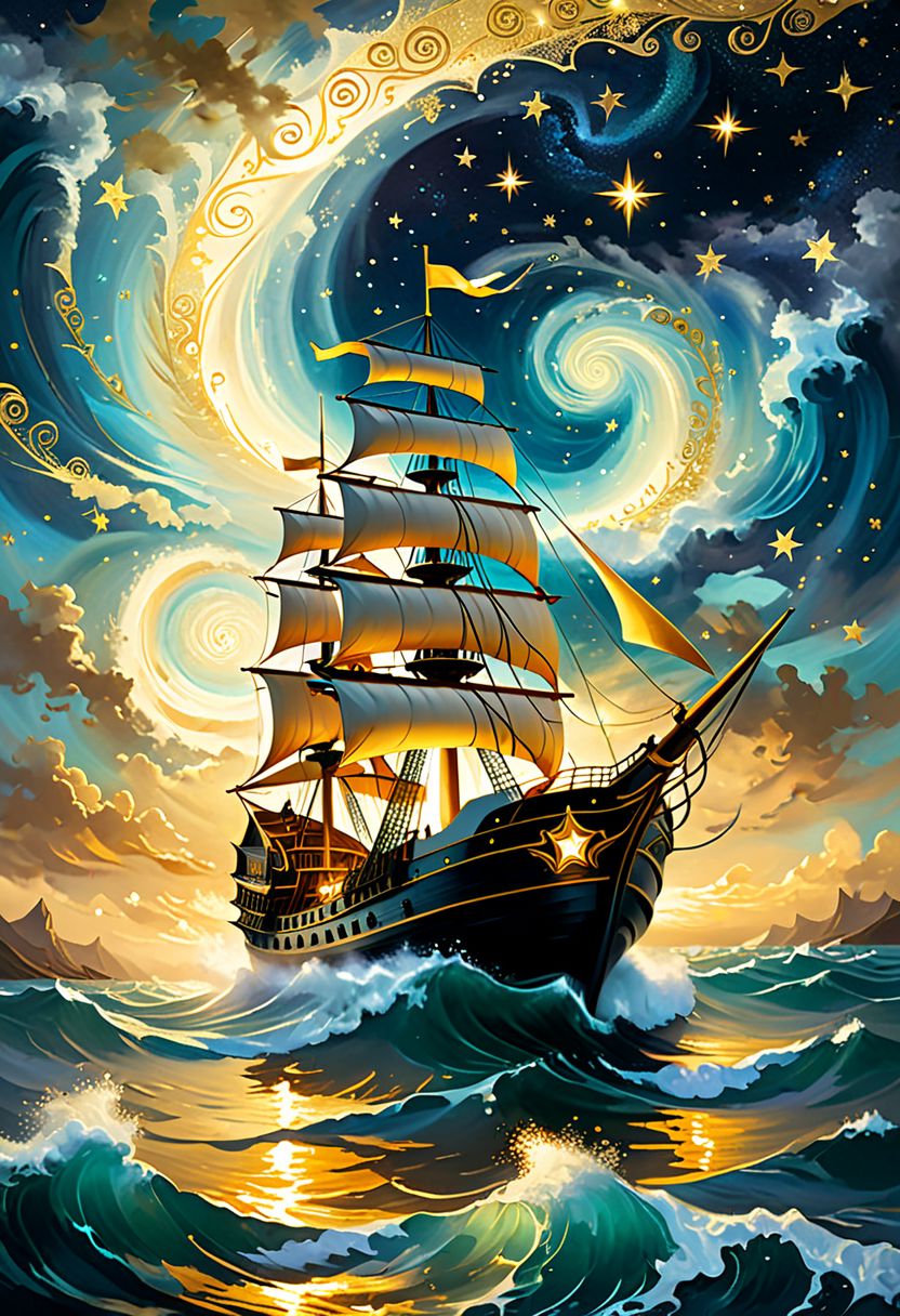 夜湾，一艘漂浮在（金色水面）之上的船：1.3，每个波浪的波峰上都有金色的火花插图