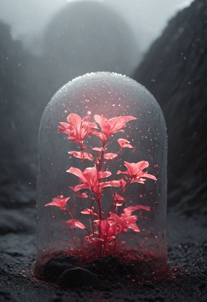 黑沙荒地玻璃穹顶下最后幸存的半透明粉红色植物的照片插图