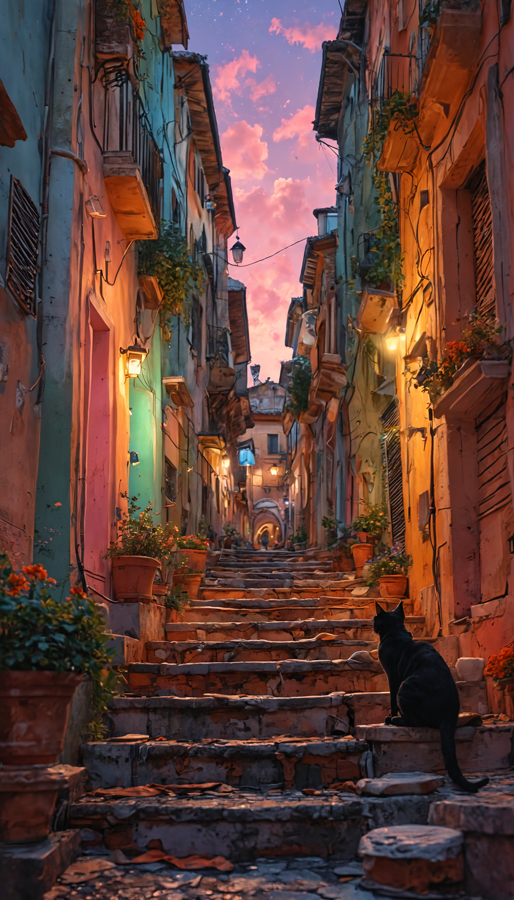 杰作，概念艺术，意大利罗马繁忙的小巷，游客购物，神奇的夜空，黑色 1cat 坐在台阶上观察插图