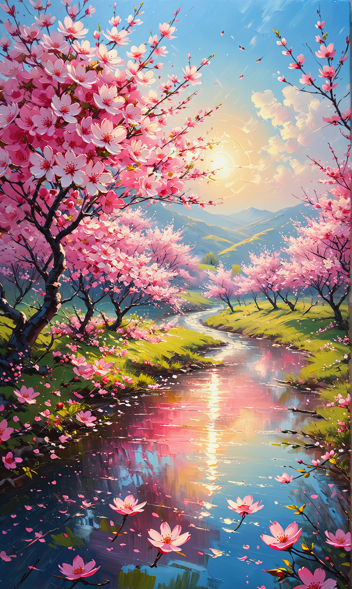 油画、樱花、天空（蓝色）、花朵（粉色）、自然风光、清新干净、樱花树、春天插图