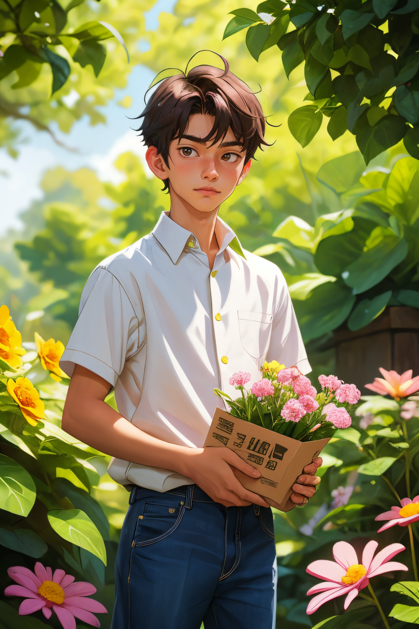 一个动漫 15 岁男孩，美丽的眼睛，拿着一批花，前视图，看着相机，俯瞰，美丽，杰作插图