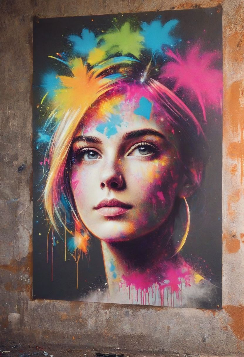 涂鸦墙的彩色海报，头上有喷雾色调，女人肖像，上半身，极简主义插图