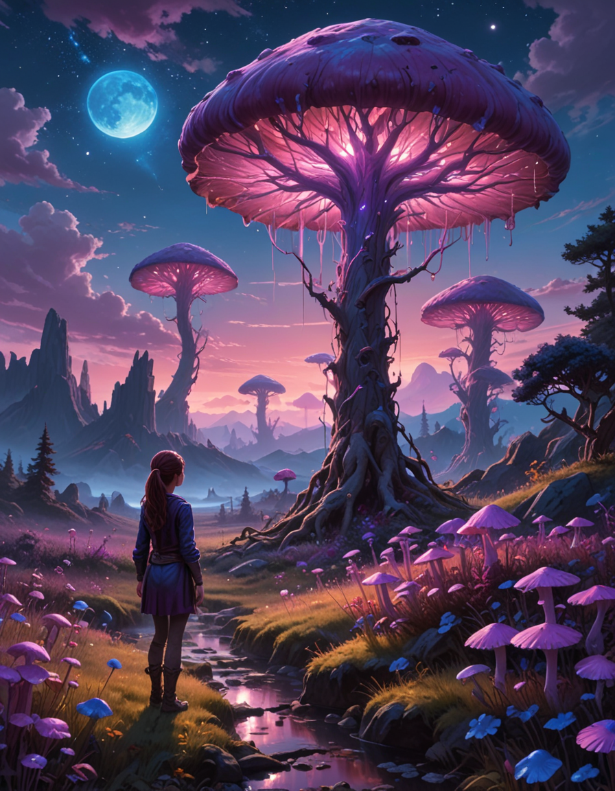 发光的蓝色蘑菇，深紫色的天空，逼真，详细，卡通阴影插图