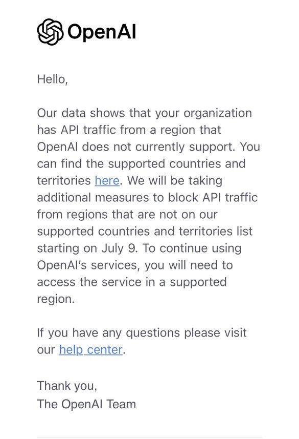 OpenAI将于7月9日全面封锁不支持国家使用API插图