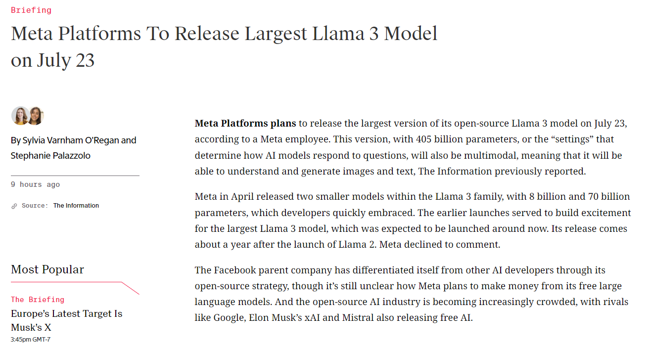 Meta Platforms 将于 7 月 23 日发布最大的 Llama 3 模型插图