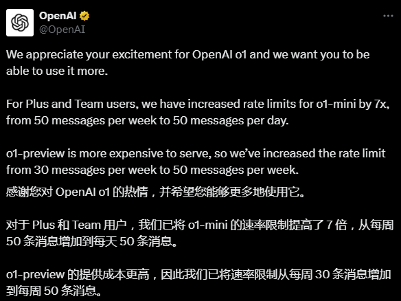 OpenAI 提升 o1 速率，仅限Plus和Team用户插图