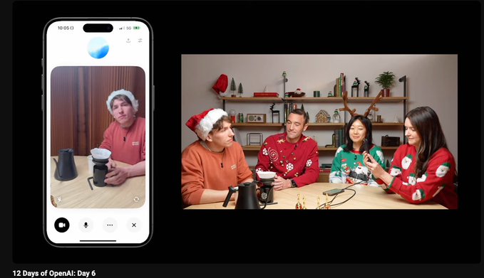 OpenAI发布会第六天，视频功能加入高级语音模式，视频+实时语言功能，同时推出特殊的“SantaGPT”语音插图
