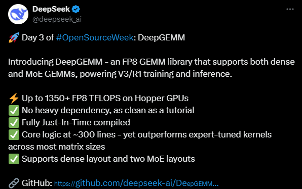 DeepSeek开源第三天，DeepGemm，一个支持密集和Moe Gemms的FP8 GEMM库，为V3/R1训练和推理提供动力插图