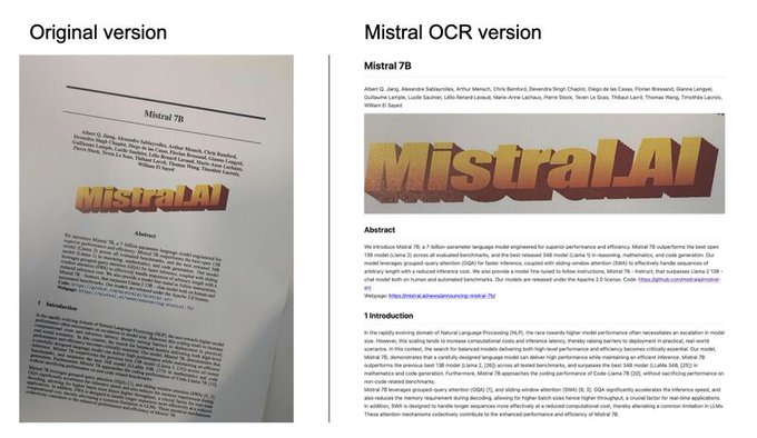 Mistral 推出 Mistral OCR，可以理解文档的每个元素，比如媒体、文本、表格、方程式等，API的便宜，千页/美元插图